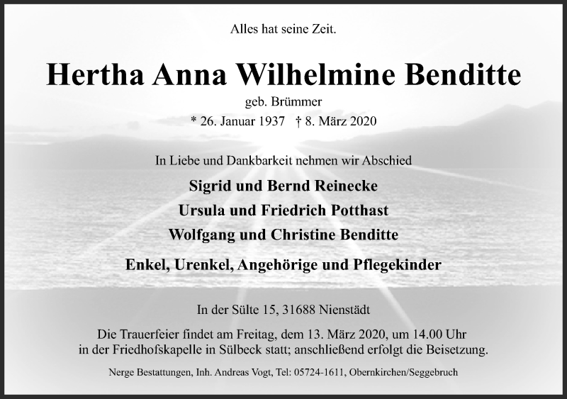  Traueranzeige für Hertha Anna Wilhelmine Benditte vom 10.03.2020 aus Schaumburger Nachrichten