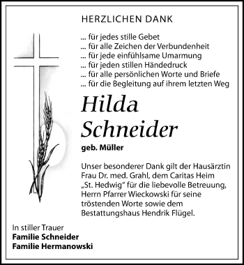 Traueranzeige von Hilda Schneider von Leipziger Volkszeitung