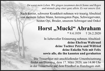 Traueranzeige von Horst Abraham von Ostsee-Zeitung GmbH