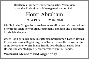 Traueranzeige von Horst Abraham von Ostsee-Zeitung GmbH