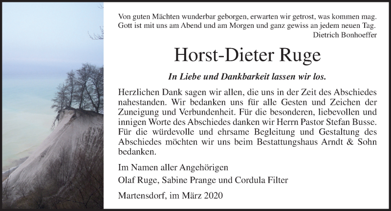  Traueranzeige für Horst-Dieter Ruge vom 14.03.2020 aus Ostsee-Zeitung GmbH