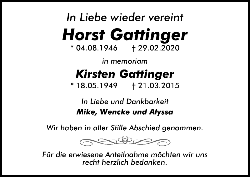  Traueranzeige für Horst Gattinger vom 22.03.2020 aus Lübecker Nachrichten