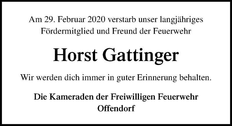  Traueranzeige für Horst Gattinger vom 28.03.2020 aus Lübecker Nachrichten
