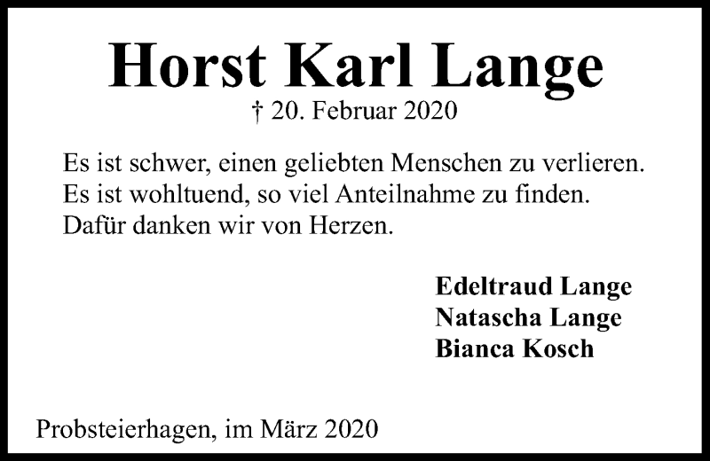  Traueranzeige für Horst Karl Lange vom 21.03.2020 aus Kieler Nachrichten