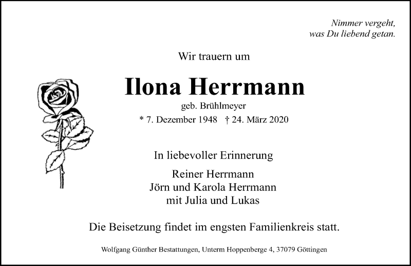  Traueranzeige für Ilona Herrmann vom 28.03.2020 aus Göttinger Tageblatt