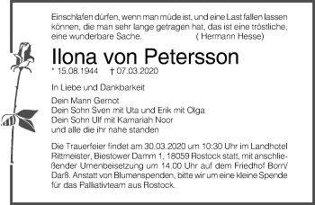 Traueranzeige von Ilona  von Petersson von Ostsee-Zeitung GmbH