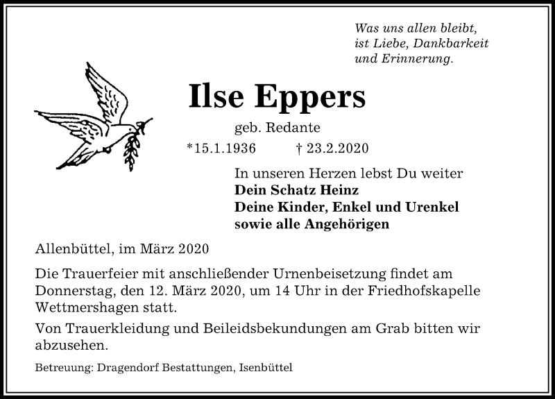  Traueranzeige für Ilse Eppers vom 06.03.2020 aus Aller Zeitung