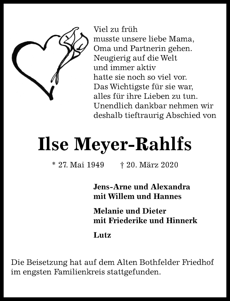  Traueranzeige für Ilse Meyer-Rahlfs vom 28.03.2020 aus Hannoversche Allgemeine Zeitung/Neue Presse