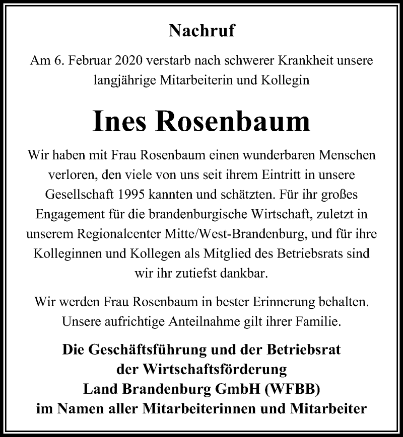  Traueranzeige für Ines Rosenbaum vom 20.03.2020 aus Märkischen Allgemeine Zeitung
