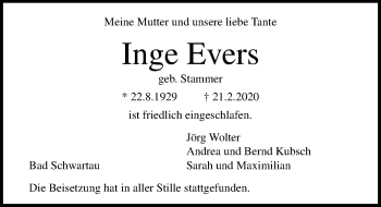 Traueranzeige von Inge Evers von Lübecker Nachrichten