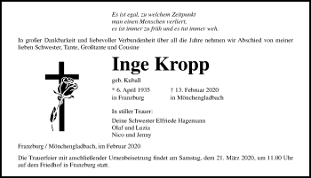 Traueranzeige von Inge Kropp von Ostsee-Zeitung GmbH