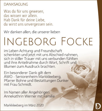 Traueranzeige von Ingeborg Focke von Leipziger Volkszeitung