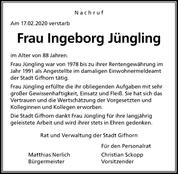 Traueranzeige von Ingeborg Jüngling von Aller Zeitung