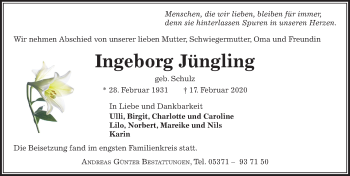Traueranzeige von Ingeborg Jüngling von Aller Zeitung