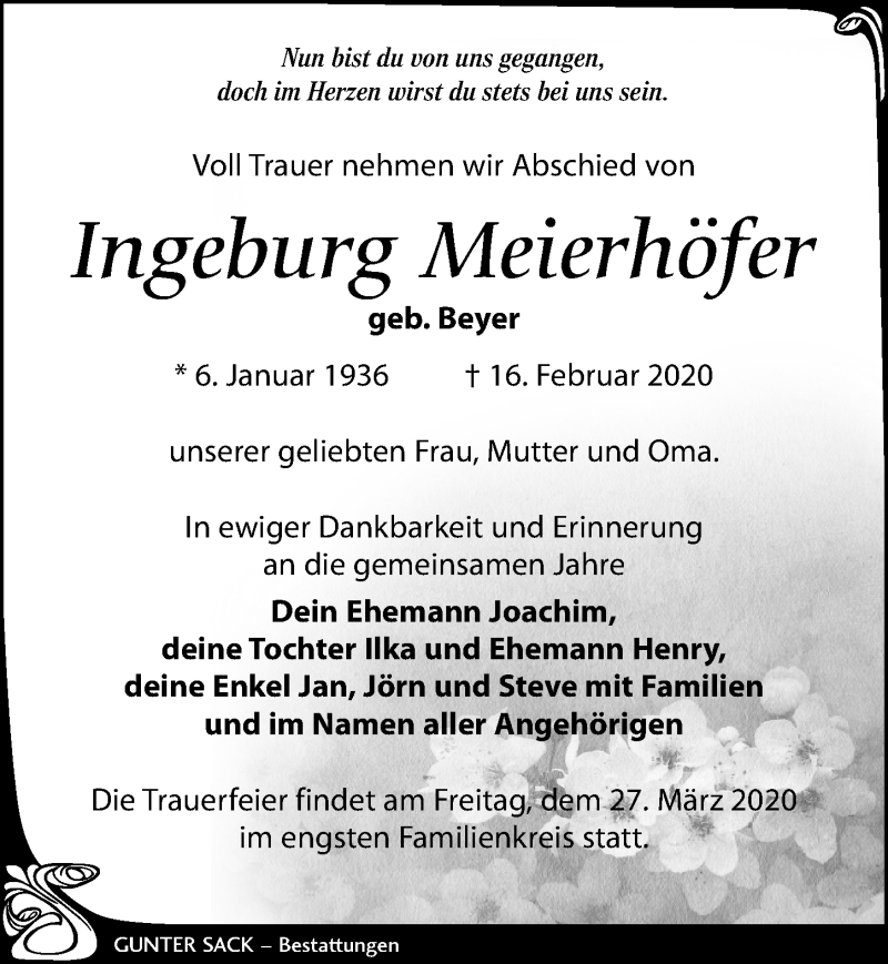  Traueranzeige für Ingeburg Meierhöfer vom 21.03.2020 aus Leipziger Volkszeitung