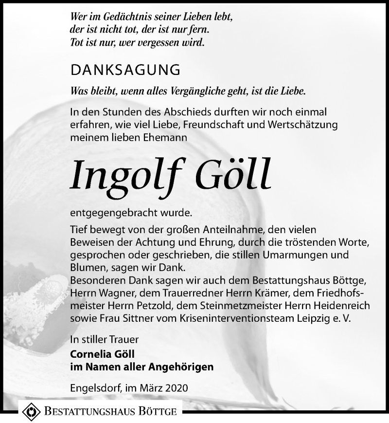  Traueranzeige für Ingolf Göll vom 14.03.2020 aus Leipziger Volkszeitung