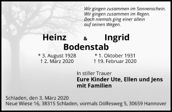 Traueranzeige von Ingrid Bodenstab von Hannoversche Allgemeine Zeitung/Neue Presse