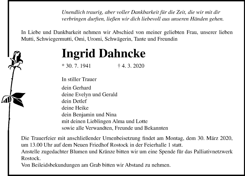  Traueranzeige für Ingrid Dahncke vom 14.03.2020 aus Ostsee-Zeitung GmbH