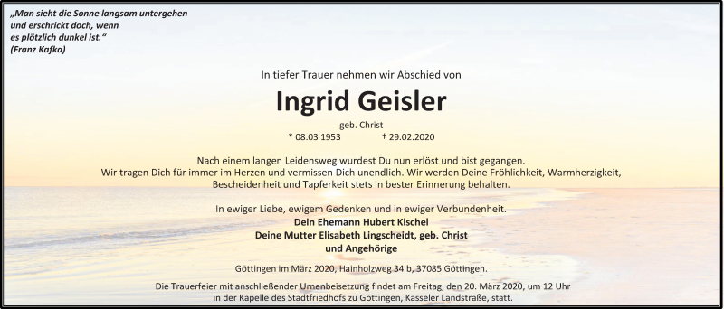  Traueranzeige für Ingrid Geisler vom 14.03.2020 aus Göttinger Tageblatt