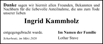 Traueranzeige von Ingrid Kammholz von Lübecker Nachrichten