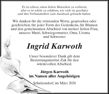 Traueranzeige von Ingrid Karwoth von Märkischen Allgemeine Zeitung
