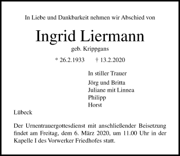 Traueranzeige von Ingrid Liermann von Lübecker Nachrichten