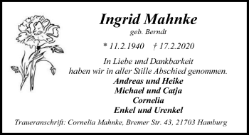 Traueranzeige von Ingrid Mahnke von Lübecker Nachrichten