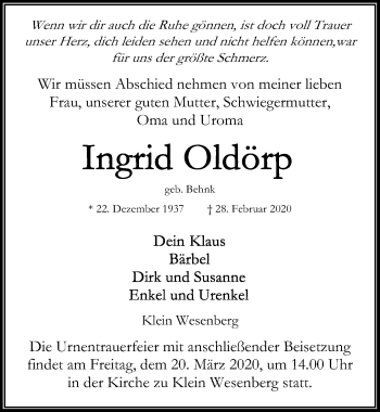 Traueranzeige von Ingrid Oldörp von Lübecker Nachrichten