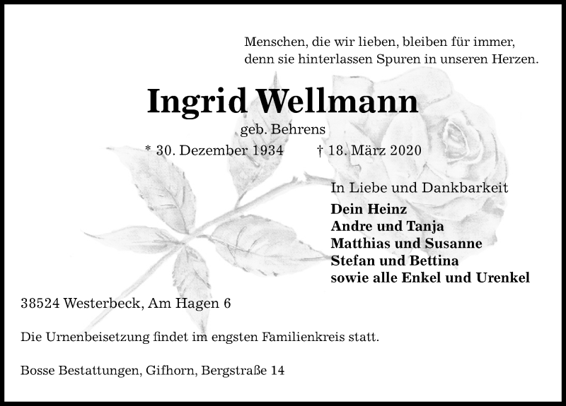  Traueranzeige für Ingrid Wellmann vom 20.03.2020 aus Aller Zeitung