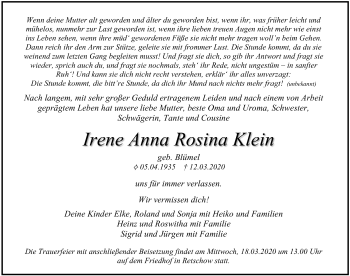 Traueranzeige von Irene Anna Rosina Klein von Ostsee-Zeitung GmbH