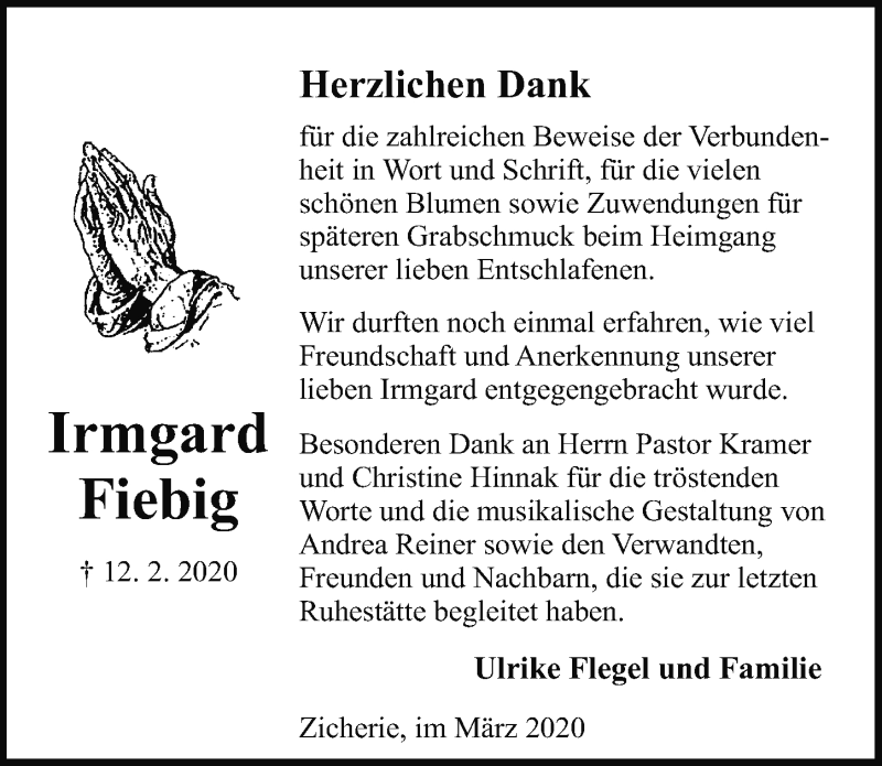  Traueranzeige für Irmgard Fiebig vom 13.03.2020 aus Aller Zeitung