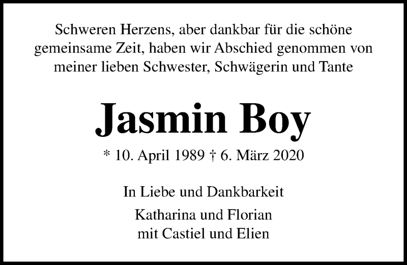  Traueranzeige für Jasmin Boy vom 22.03.2020 aus Lübecker Nachrichten
