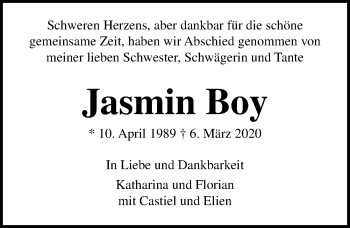 Traueranzeige von Jasmin Boy von Lübecker Nachrichten