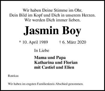 Traueranzeige von Jasmin Boy von Lübecker Nachrichten