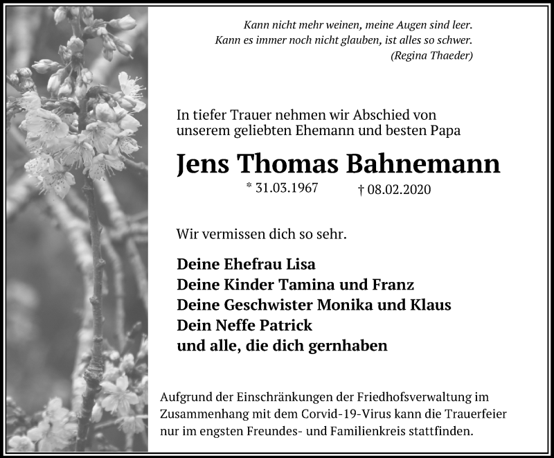  Traueranzeige für Jens Thomas Bahnemann vom 17.03.2020 aus Märkischen Allgemeine Zeitung
