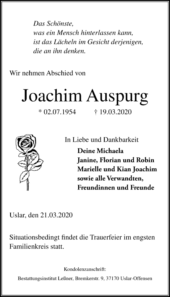  Traueranzeige für Joachim Auspurg vom 21.03.2020 aus Göttinger Tageblatt
