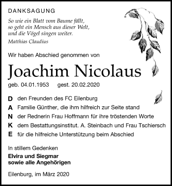 Traueranzeige von Joachim Nicolaus von Leipziger Volkszeitung
