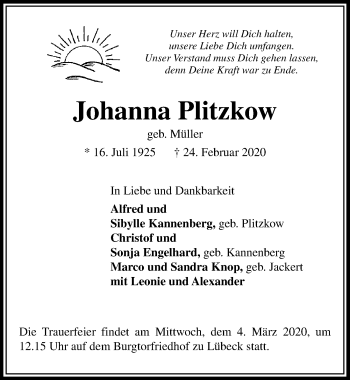 Traueranzeige von Johanna Plitzkow von Lübecker Nachrichten