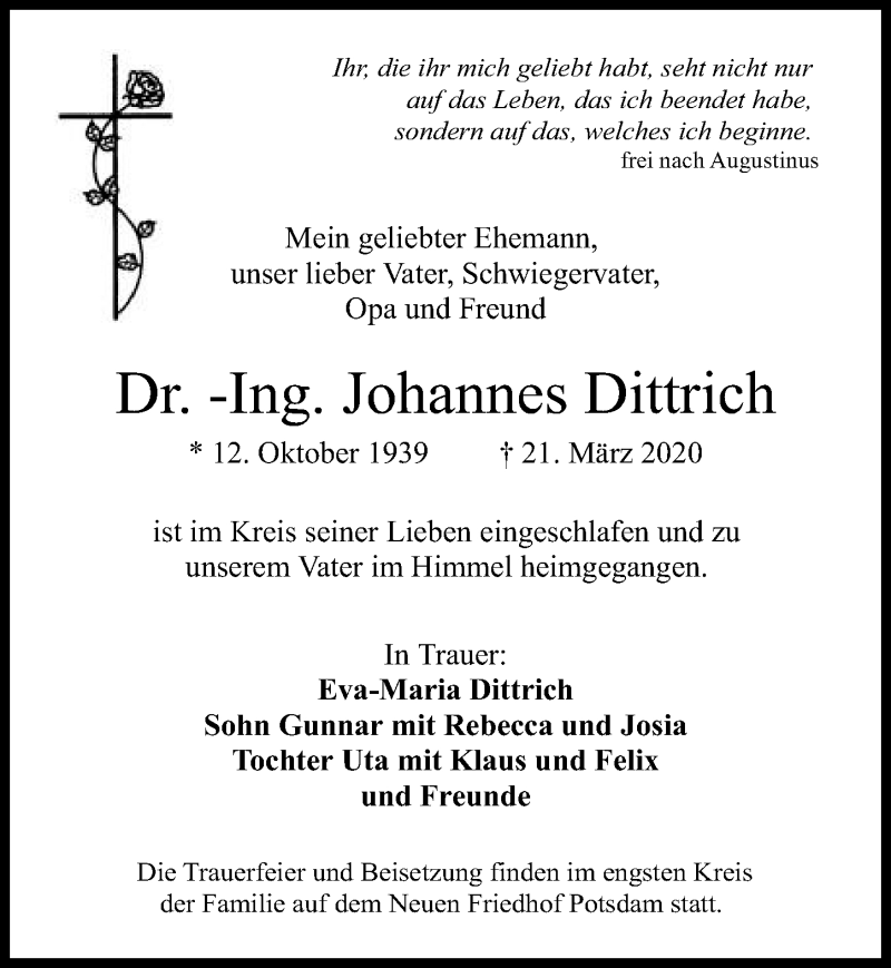  Traueranzeige für Johannes Dittrich vom 28.03.2020 aus Märkischen Allgemeine Zeitung