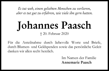 Traueranzeige von Johannes Paasch von Kieler Nachrichten