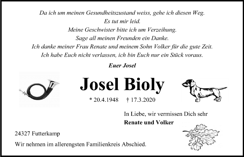  Traueranzeige für Josel Bioly vom 21.03.2020 aus Kieler Nachrichten