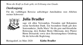Traueranzeige von Julia Bradler von Ostsee-Zeitung GmbH