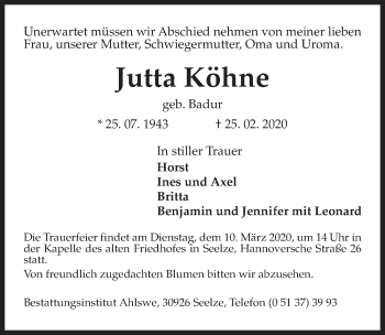 Traueranzeige von Jutta Köhne von Hannoversche Allgemeine Zeitung/Neue Presse