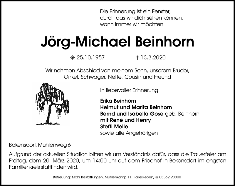  Traueranzeige für Jörg-Michael Beinhorn vom 18.03.2020 aus Aller Zeitung