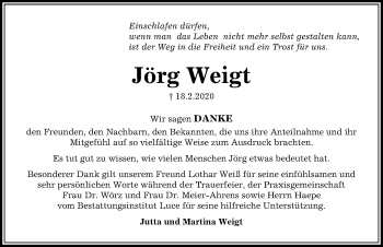 Traueranzeige von Jörg Weigt von Göttinger Tageblatt