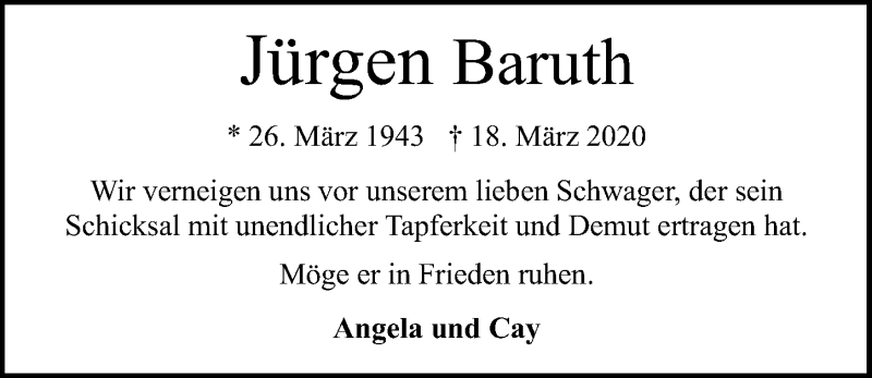  Traueranzeige für Jürgen Baruth vom 22.03.2020 aus Lübecker Nachrichten