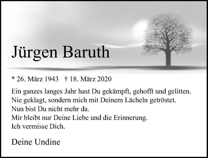  Traueranzeige für Jürgen Baruth vom 22.03.2020 aus Lübecker Nachrichten