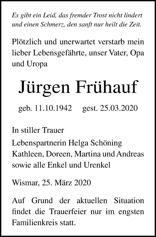  Traueranzeige für Jürgen Frühauf vom 28.03.2020 aus Ostsee-Zeitung GmbH