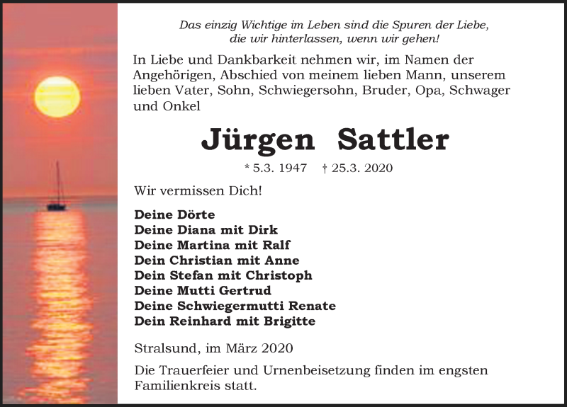  Traueranzeige für Jürgen Sattler vom 28.03.2020 aus Ostsee-Zeitung GmbH