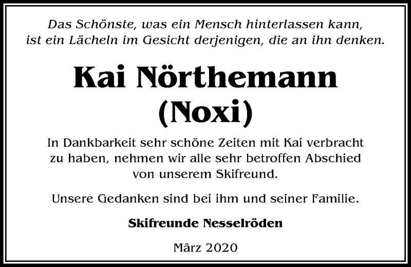  Traueranzeige für Kai Nörthemann vom 28.03.2020 aus Eichsfelder Tageblatt